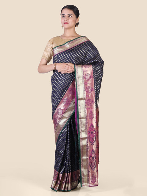 

Hastakala Navy Blue & Purple Silk Blend Woven Design Kanjeevaram Saree