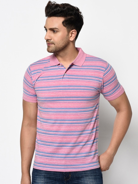

ELEGANCE Men Pink Striped Polo Collar T-shirt