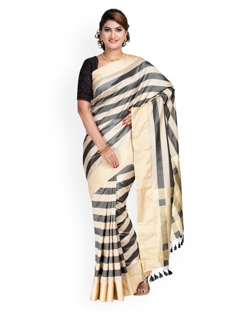 

Vijayalakshmi Silks Beige & Black Pure Silk Striped Banarasi Saree