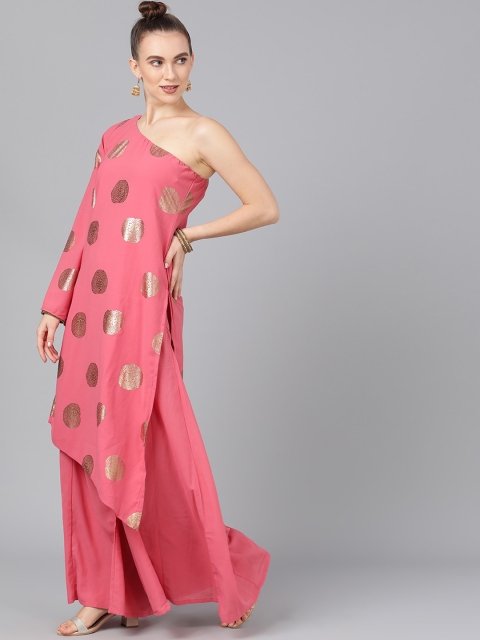 

AKS Couture Women Pink & Gold-Coloured Foil Printed Kurta with Palazzos
