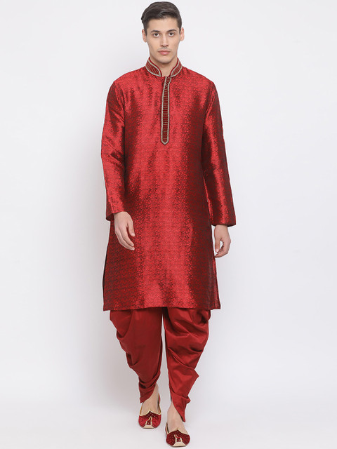 

VASTRAMAY Men Maroon Woven Design Kurta with Dhoti Pants