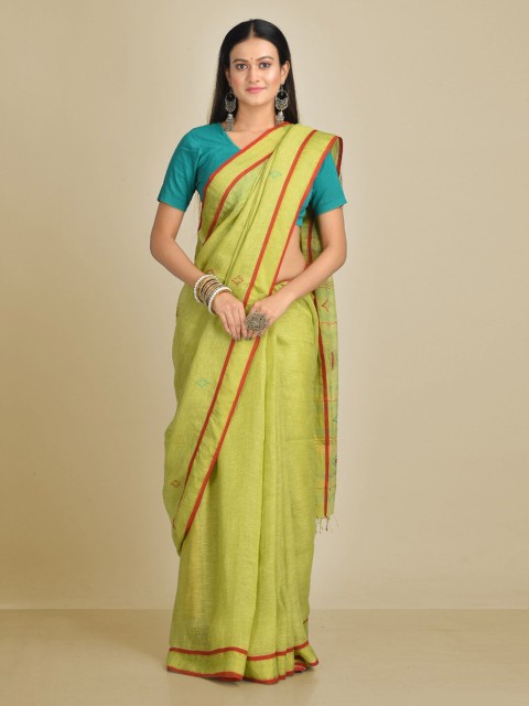 

Mitera Lime Green Printed Pure Linen Saree