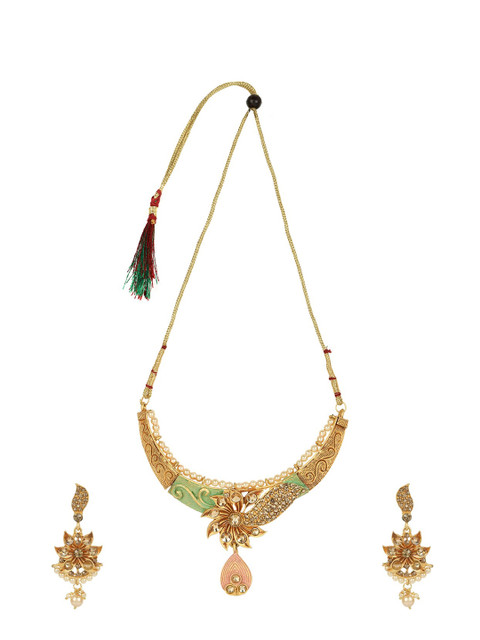 

ANIKAS CREATION Gold-Plated Sea Green & White Kundan-Studded Enameled Traditional Jewellery Set