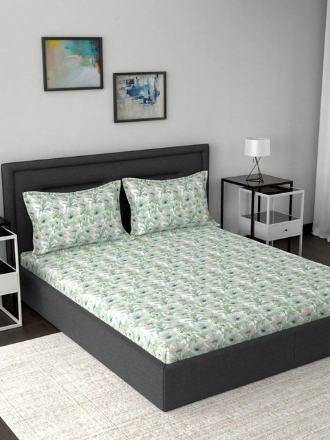 

MASPAR Green & White Floral 200 TC Cotton 1 Queen Bedsheet with 2 Pillow Covers
