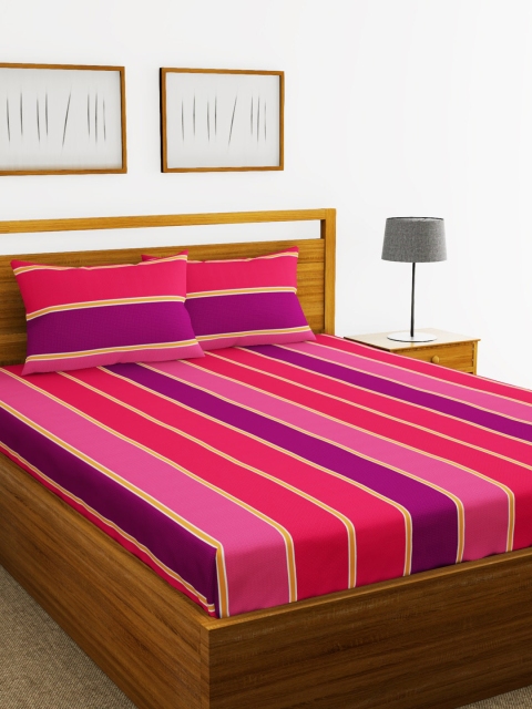 

BIANCA Pink & Purple Striped 110 TC Cotton 1 Extra Large Bedsheet with 2 Pillow Covers