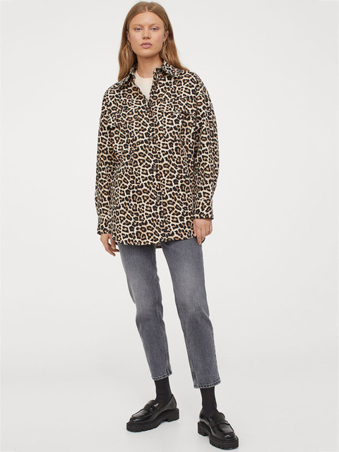 

H&M Women Beige & Black Animal Print Cotton Twill Shacket