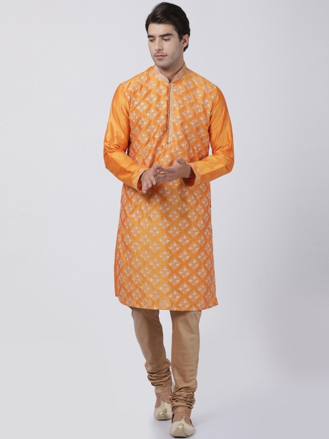

VASTRAMAY Men Orange & Rose Gold Embroidered Kurta with Churidar