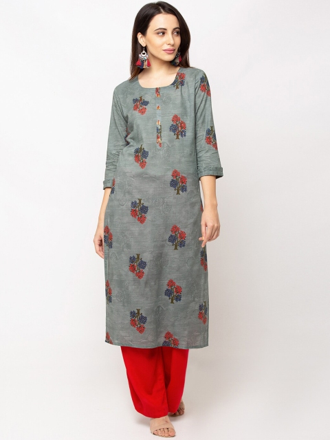 

TANKHI Women Grey Printed Straight Kurta
