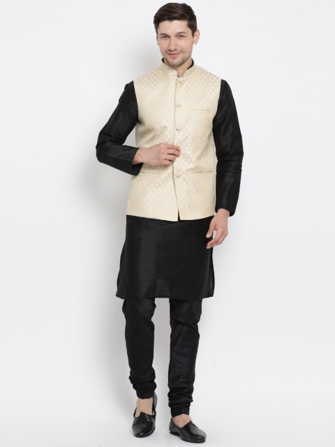 

VASTRAMAY Men Black & Cream-Coloured Woven Design Kurta with Churidar and Nehru Jacket