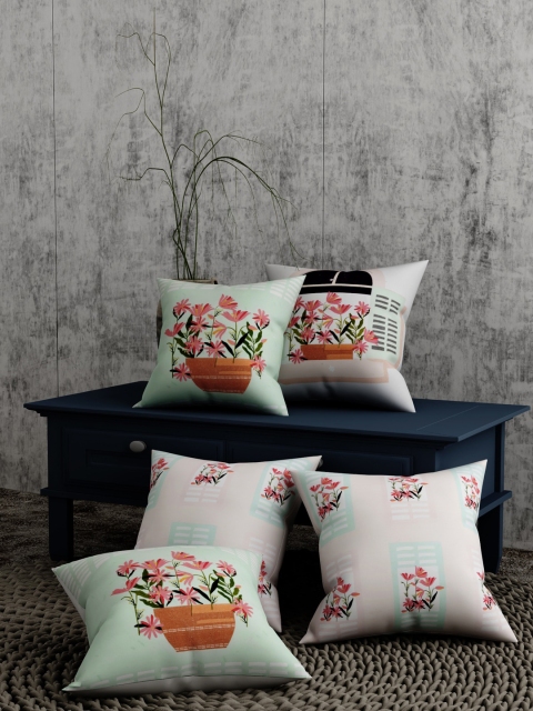 

EverHOME Blue & Pink Printed Set of 5 Floral Square Cushion Covers