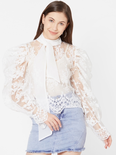 

bebe Women White Puff Sleeve Tie-Up Lace Top