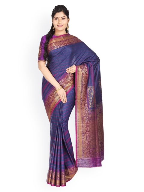 Vijayalakshmi Silks Navy Blue & Magenta Pure Silk Woven Design Tussar Saree