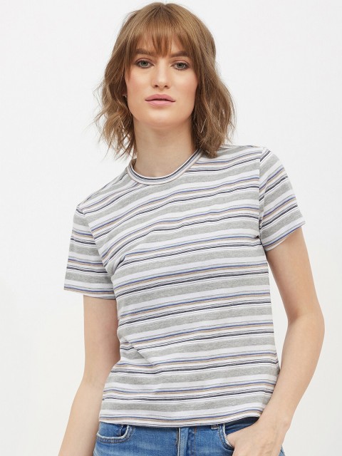 

Harpa Women Grey Striped Round Neck T-shirt
