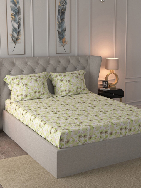 

MASPAR White & Lime Green Floral 200 TC Cotton 1 King Bedsheet with 2 Pillow Covers