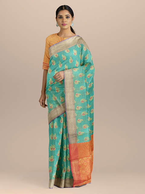 

BharatSthali Blue Woven Design Cotton Silk Banarasi Sustainable Saree