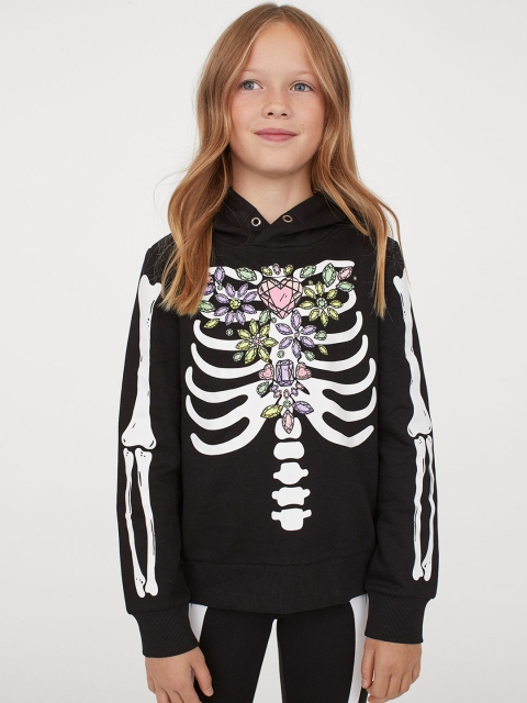 

H&M Girls Black & White Skeleton Printed Hoodie