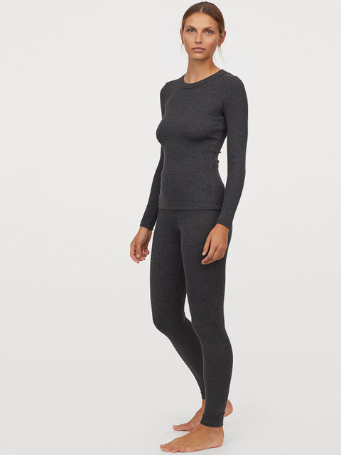 

H&M Women Charcoal Grey Solid Ribbed Cotton-Blend Lounge Pants