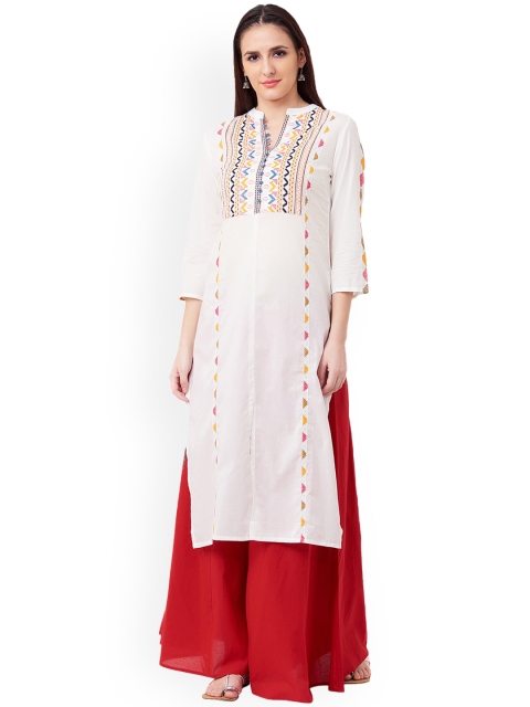 

IMARA Women White & Blue Printed Straight Kurta