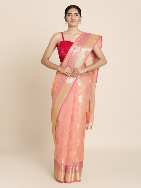 

Koskii Peach-Coloured & Gold-Toned Brocade Woven Design Saree