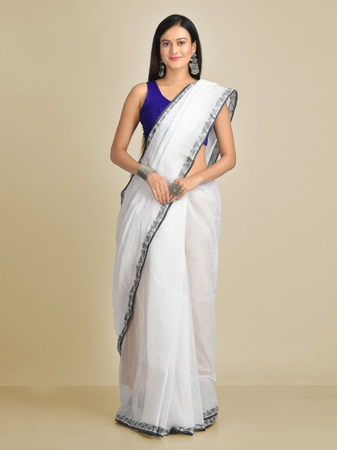 

Mitera White Pure Cotton Solid Taant Saree