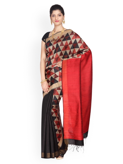 

Vijayalakshmi Silks Black & Beige Printed Tussar Silk Saree