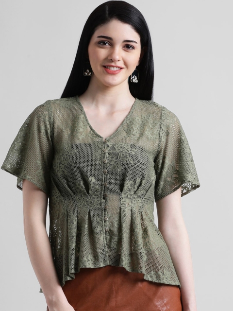

Zink London Women Green Self Design Cinched Waist Top