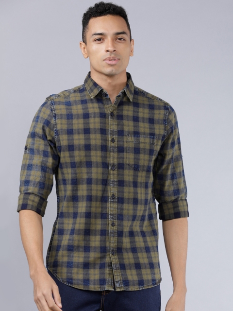 

HIGHLANDER Men Olive Green & Navy Blue Slim Fit Yarn Dyed Checked Casual Shirt
