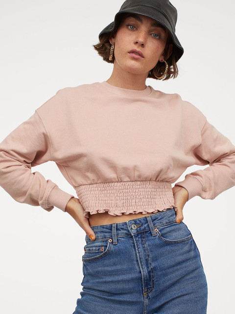 

H&M Women Pink Solid Smocked-Hem Sweatshirt