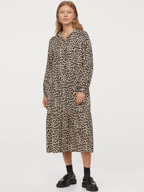 

H&M Women Beige & Brown Printed Collared Dress