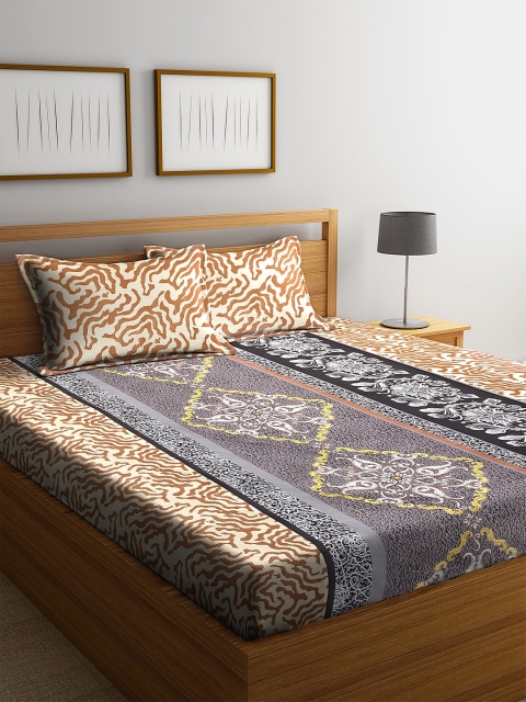 

NEUDIS Black & Brown Floral 180 TC Cotton 1 King Bedsheet with 2 Pillow Covers
