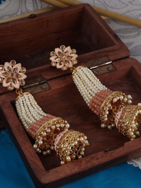 

ANIKAS CREATION Peach-Coloured & Cream-Coloured Gold Plated Floral Jhumkas