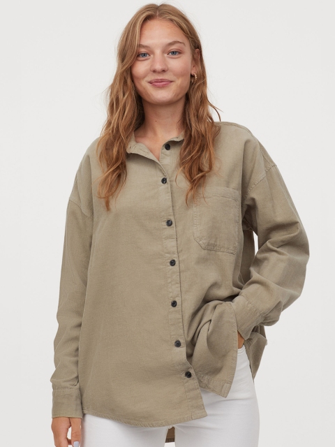 

H&M Women Green Corduroy Shirt