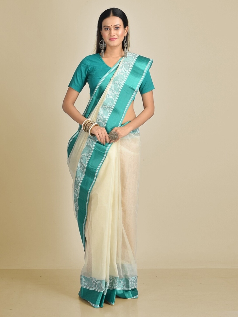 

Mitera Off-White & Green Pure Cotton Taant Saree