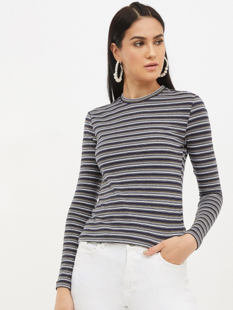 

Harpa Women Grey Striped Round Neck T-shirt