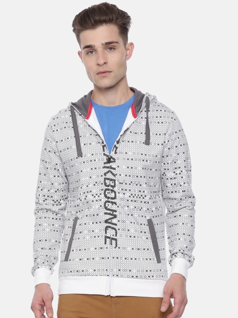 

Breakbounce Men White & Grey Printed Hooded Sweatshirt