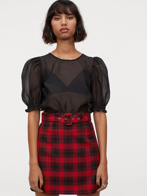 

H&M Women Red & Black Checked Short Skirt With A Belt