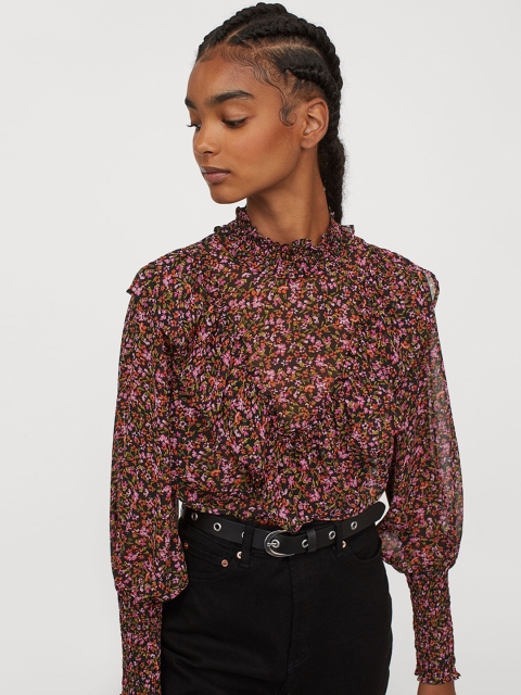 

H&M Women Multicoloured Floral Print Smocking-Detail Blouse, Multi