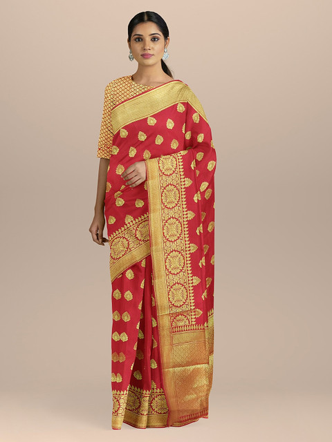 

BharatSthali Red & Gold-Coloured Silk Cotton Woven Design Banarasi Sustainable Saree