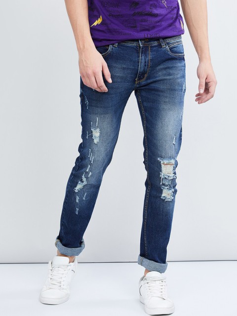 

max Men Navy Blue Skinny Fit Mid-Rise Mildly Distressed Stretchable Jeans