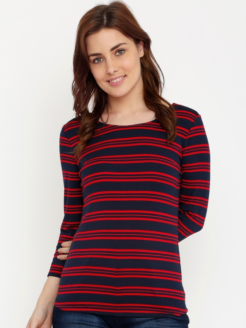 

Kraus Jeans Women Red & Navy Blue Striped Round Neck T-shirt