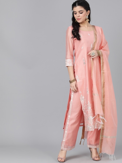 

AKS Couture Women Peach-Coloured Woven Design Kurta with Trousers & Dupatta
