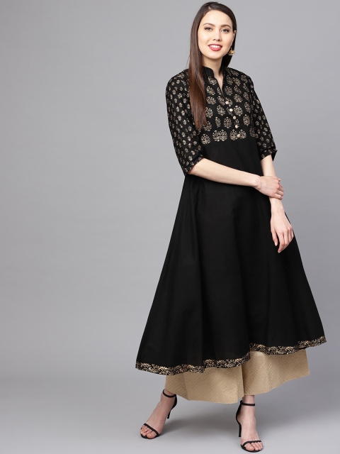 

ZOEYAMS Women Black Block Printed Anarkali Kurta