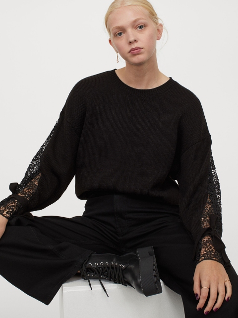 

H&M Women Black Lace-Detail Jumper