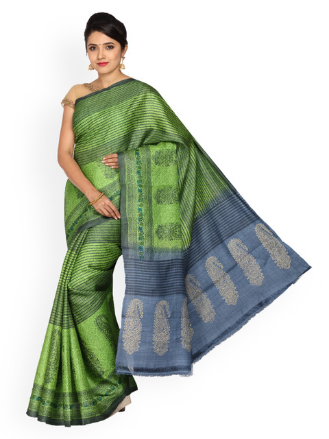 

Vijayalakshmi Silks Blue & Green Pure Silk Printed Tussar Saree