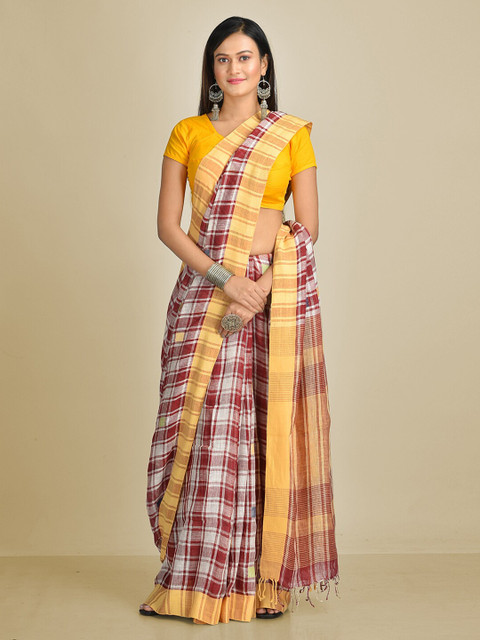 

Mitera Maroon & White Pure Linen Checked Saree