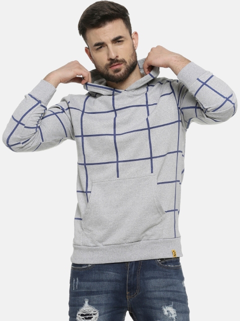 

Campus Sutra Men Grey & Blue Checked Hooded Pullover Sweatshirt