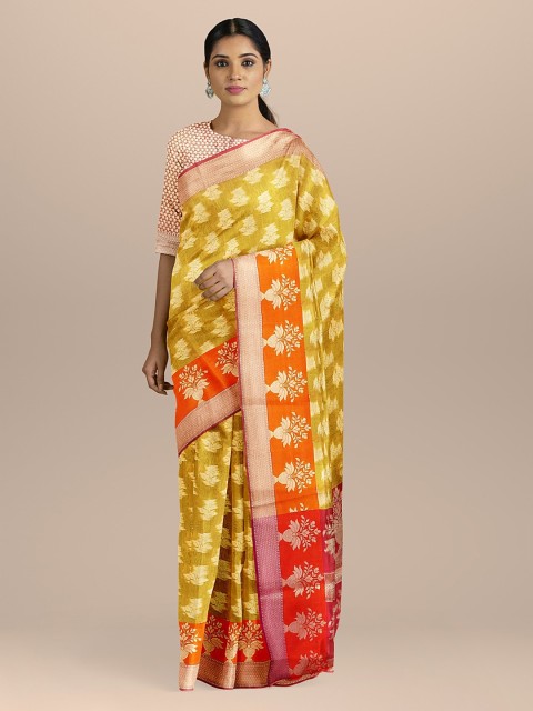 

BharatSthali Yellow & Red Silk Cotton Woven Design Banarasi Saree