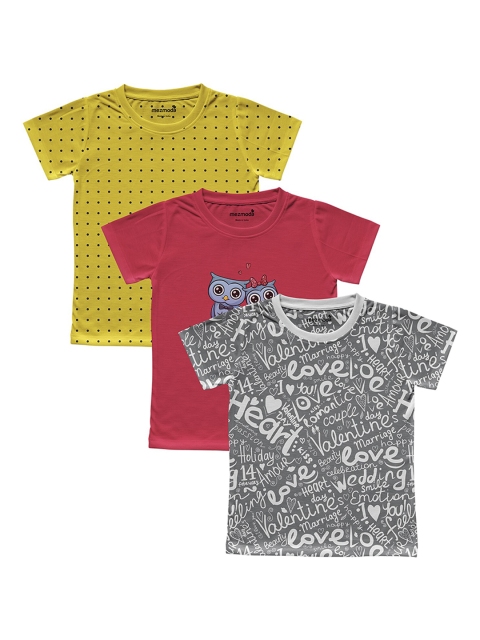 mezmoda Girls Pack Of 3 Printed Round Neck T-shirts, Grey