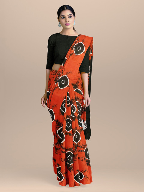 

BharatSthali Rust & Black Pure Cotton Handloom Printed Sustainable Saree