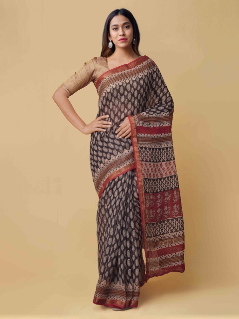 Unnati Silks Black & Maroon Pure Cotton Printed Kota Saree